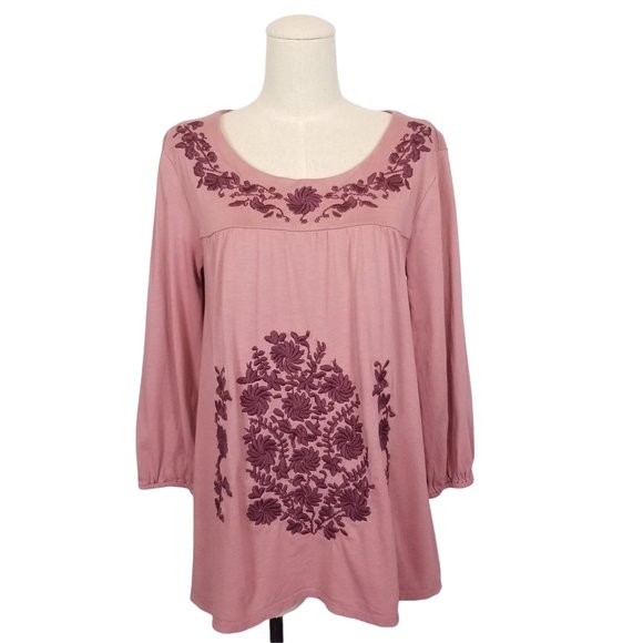 Garnet Hill Folkloric Embroidered Cotton Blouse Mauve Purple Sz Medium - Picture 1 of 9